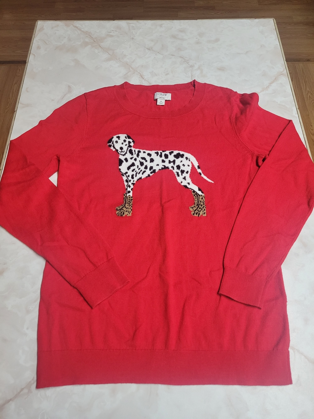 J. Crew Red Crewneck Sweater with Dalmatian Graphic